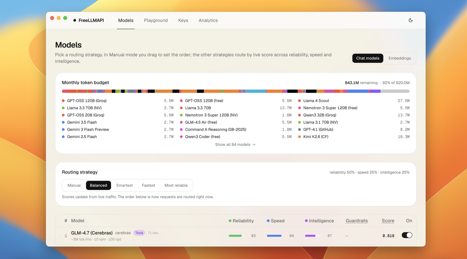 Screenshot of the FreeLLMAPI desktop app