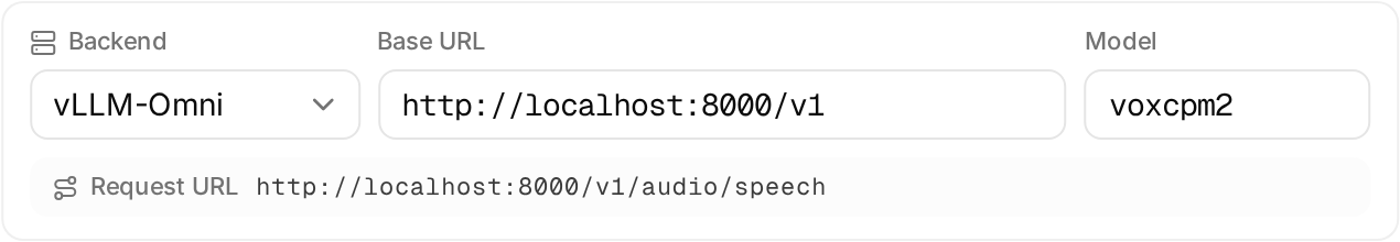 VoxCPM2 connection settings panel with backend selector, Base URL, and model fields