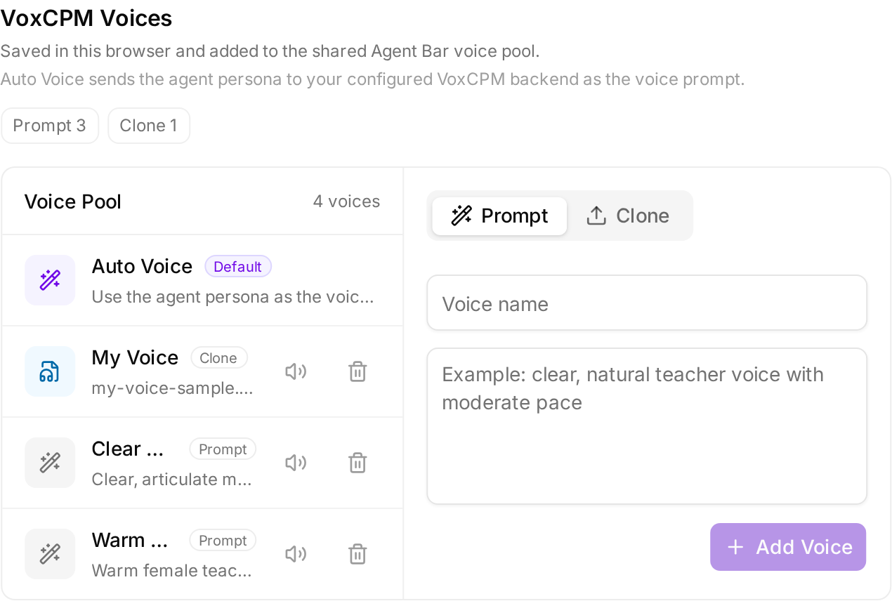 VoxCPM Voices section showing Auto, Prompt, and Clone voice modes